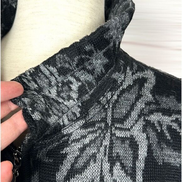 Peruvian Link Alpaca Black Gray Floral Zip Front Mock Neck Cardigan Sweater S - Picture 7 of 12